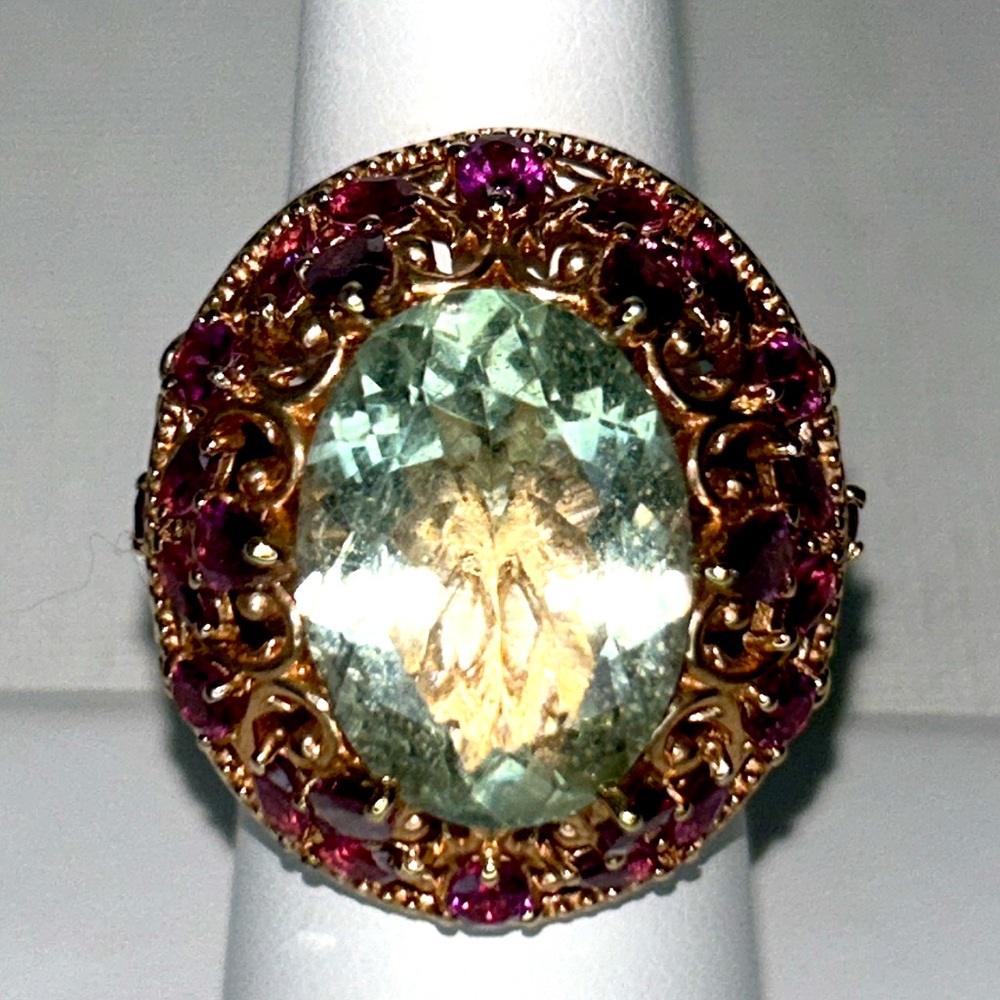 NWOT Genuine Large Oval Green Amethyst & Rhodonite Garnet Gemstone Designer Ring
